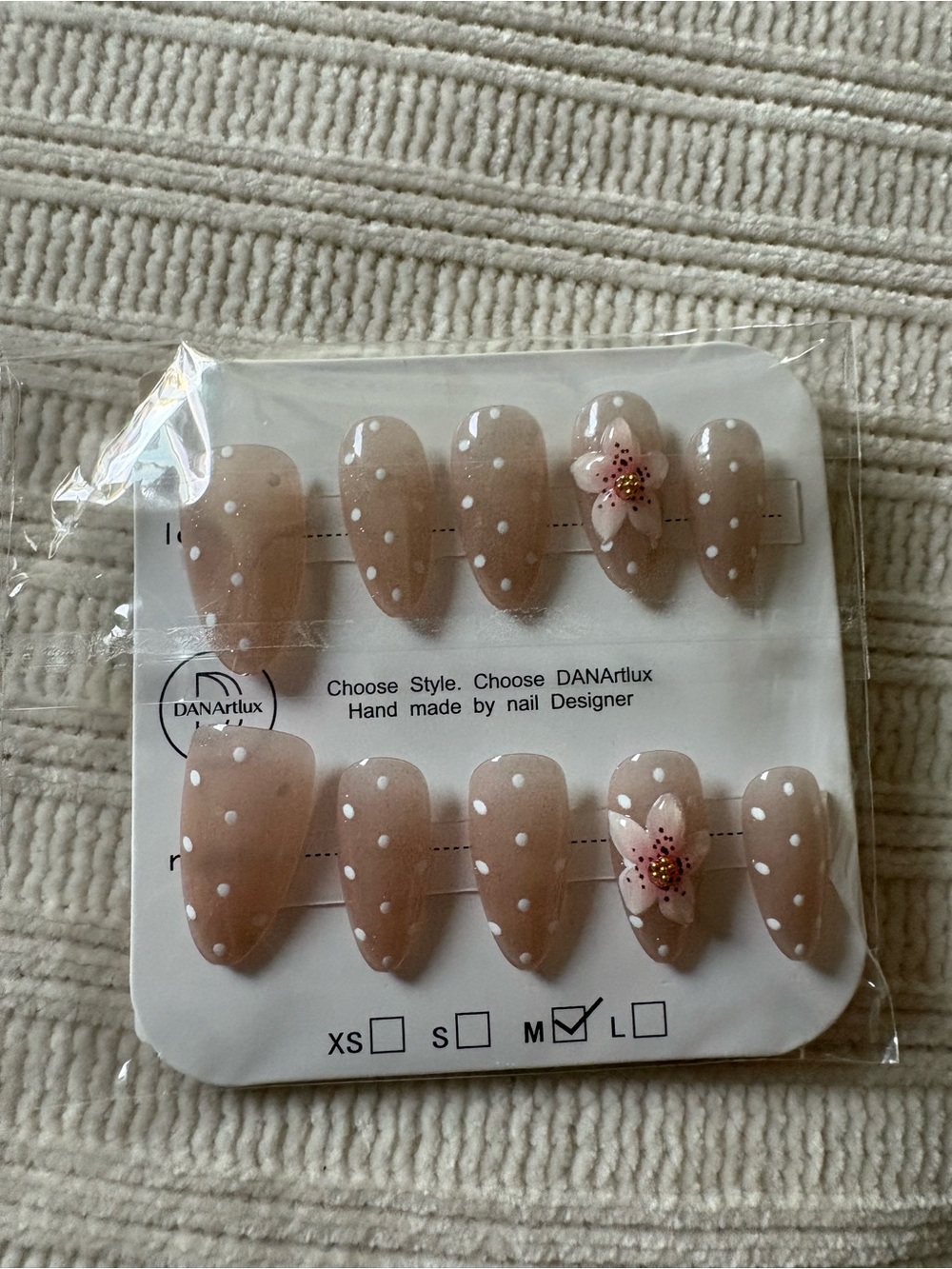 Nude Polka Dot Press-On Nails with 3D Floral Accent Size Medium